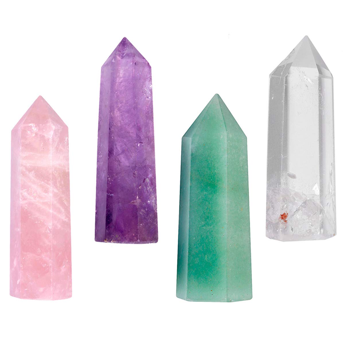 mookaitedecor 4 PCS Healing Crystal Wands Single Point 2" Amethyst, Rock Quartz, Rose Quartz, Green Aventurine 6 Faceted Reiki Stone for Meditation Therapy Decor
