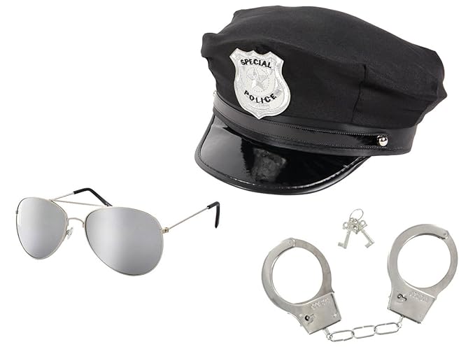 Trendmaus Polizeikostüm Cop Kostüm Accessoires - Polizeihut Schwarz mit Sonnenbrille silber verspiegelt und Chrom Handschelle