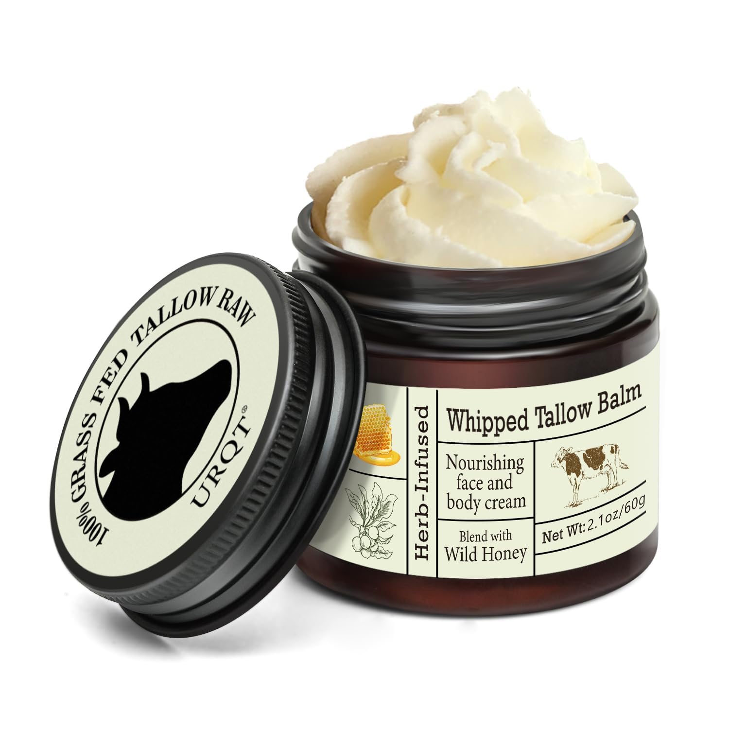 Whipped Tallow Cream for Face & Body, 100% Grass-Fed Beef Tallow with Honey & Beeswax, Natural Moisturiser for Dry Skin, 60g (Colour, A)