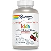 SOLARAY Kid's Vitamins & Minerals, Multivitamin for Kids - Bones, Vision, Heart Health Support w/Vitamin C, Vitamin D and B2, Iron - Gluten Free, 120 Black Cherry Chewables, 60 Servings