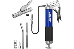 AORRZER Grease Gun, 8000 PSI Heavy Duty Pistol Grip Grease Guns Set,(14 oz Load) with Updated Strong Lock on Greases Gun Couplers, 12” Spring Flex Hose, 2 Extension Rigid Pipe and 1 Sharp Nozzle