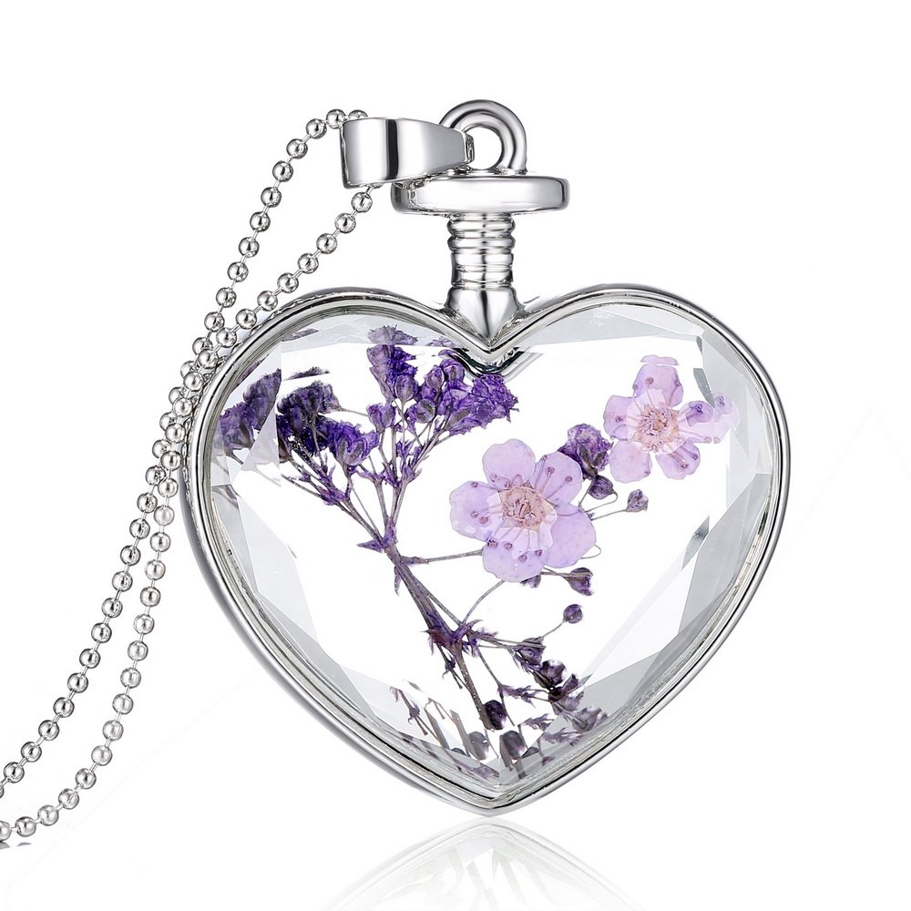 Feilok Classic Heart-Shaped Transparent Crystal Women Chain Long Pendant Necklace with Lavender Dried Flower…