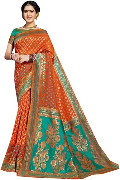 Amazon Com Banarasi Silk Royal Saree Contrast Palla With Blouse Reception Wear Sari 7460 Clothing