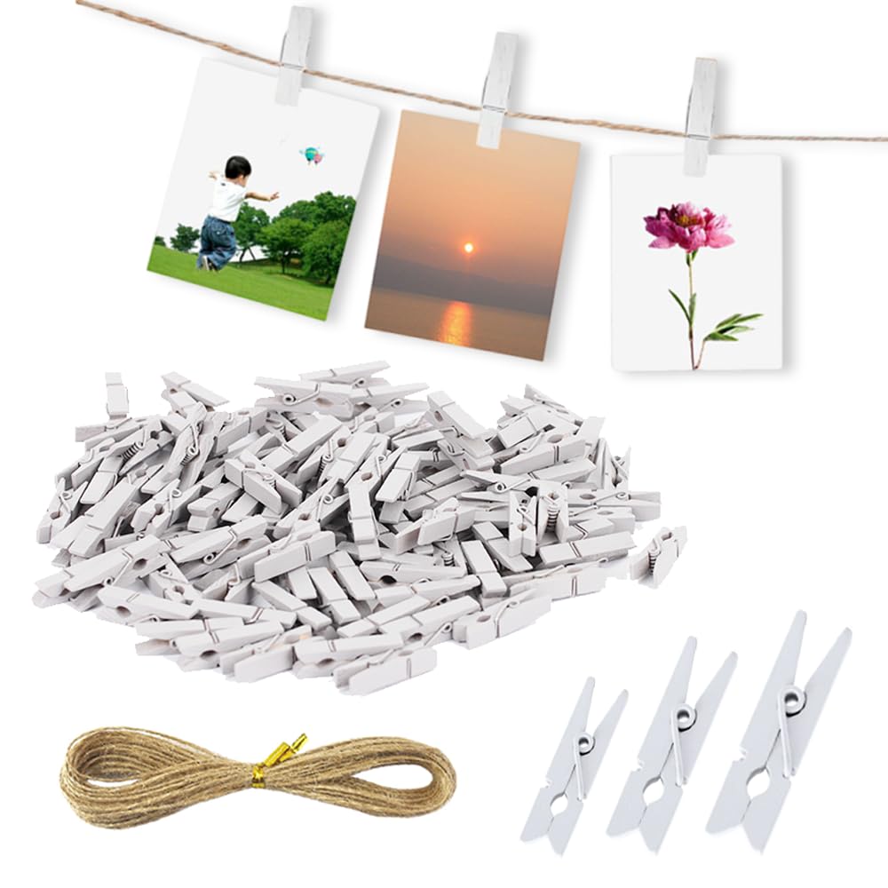 XFentech 150 PCS Mini Wooden Pegs - 2.5/3/3.5cm Wood Photo Clips Small Clothes Pegs White Decorative Clips with 10m Jute String for Photos Postcards Memo DIY Craft Decoration