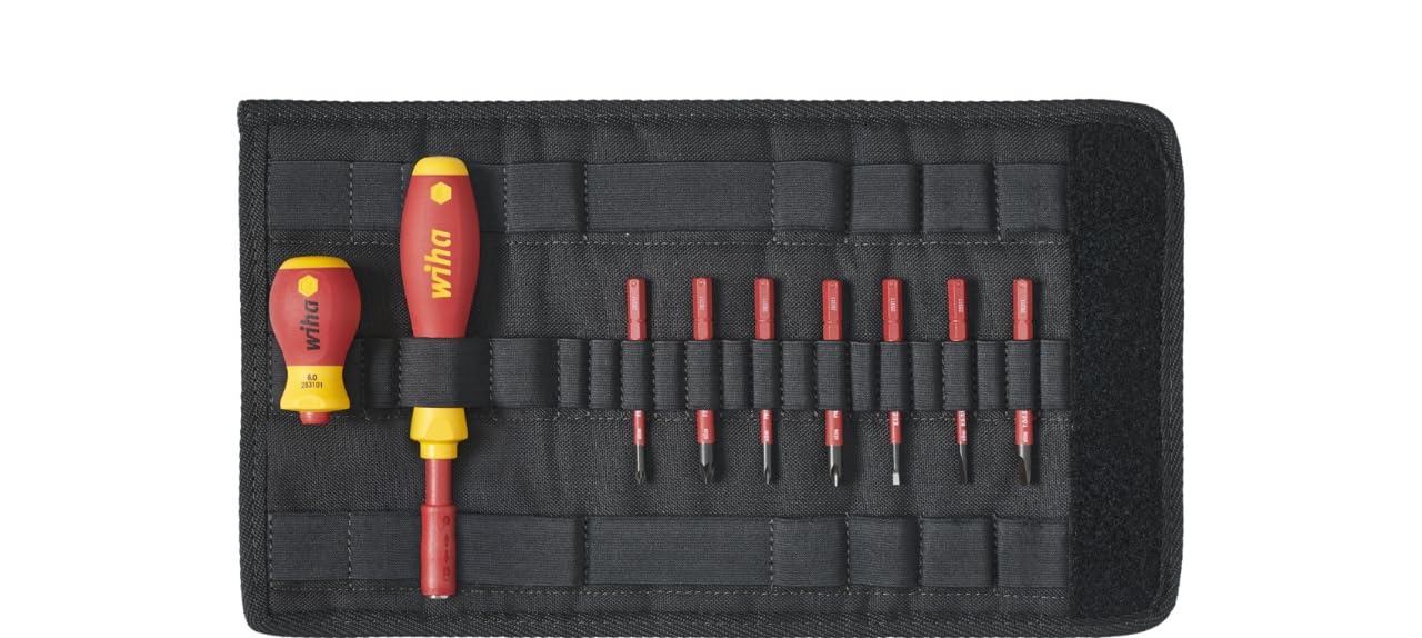 Wiha 9pc Screwdriver and bit set slimVario screwdriver Slotted Phillips Pozidriv T9 01, Red/Yellow, (2831T901)