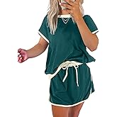 Pinclodly Two Piece Sets for Women Summer Casual Short Sleeve Tshirts and Drawstring Mini Skirts Vacation Lounge Sets
