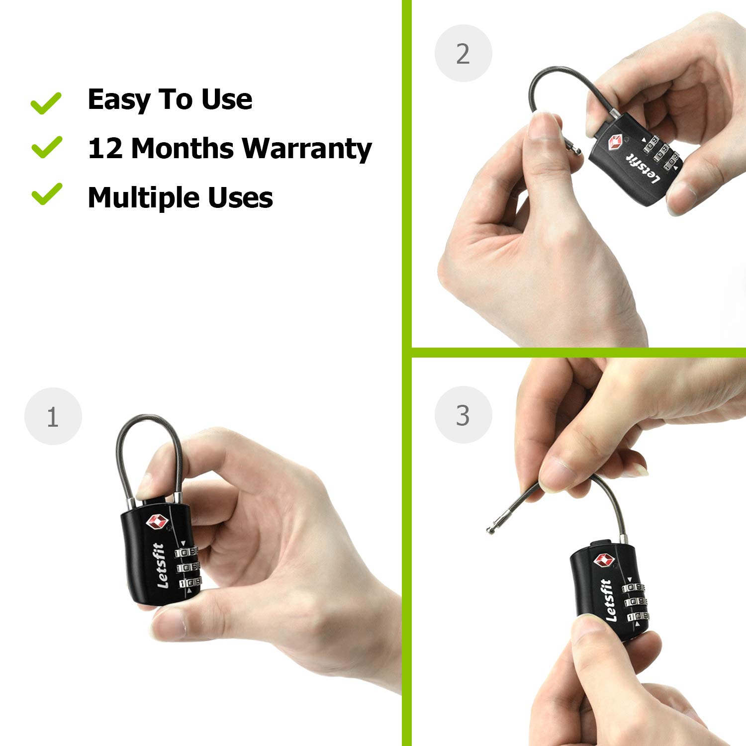 TSA Approved Luggage Lock, Letsfit Travel Lock for Suitcases, Small Padlock for Luggage, 1 Pack Black