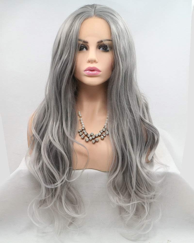 24" Replacement Natural Light Grey with Tips Lace Front Wig Heat Safe Long Wave 13x3" Pre Plucked Synthetic Hair Pastel Gray Wigs for Women Ladies Cosplay Makeup Party Travel Wigs Layered Design