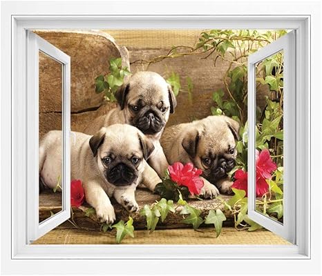 Amazon パグ 偽窓ステッカー 絵画風 Pvc壁紙 150x1 Cm 木製の背景 ポスター ステッカー 壁紙風景画 壁飾り絵卵殻ブラウンシダ緑の前にフラワーアレンジメントとかわいい兄弟子犬 ウォールステッカー オンライン通販