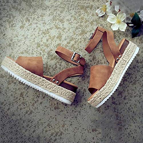 HIFUAR Women's Espadrille Sandal Platform Wedge Halter Ankle Strap Open Toe Faux Leather Studded Wedge Summer Sandals Brown US 5