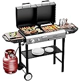 ROVSUN 2-in-1 Propane Gas Grill and Charcoal Grill Combo with Lid, 12000BTU Flat Top Griddle &amp; Charcoal BBQ Grill with Electronic Ignition, Enamel Griddle &amp; Grate for Outdoor Backyard Cooking Barbecue