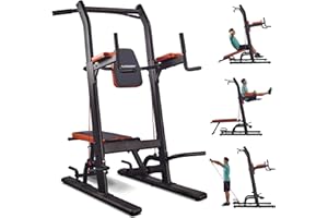 HARISON Multifunction Power Tower with Bench, Heavy Duty Pull Up Bar Dip Station for Home Gym Workout Strength Training Fitness Equipment