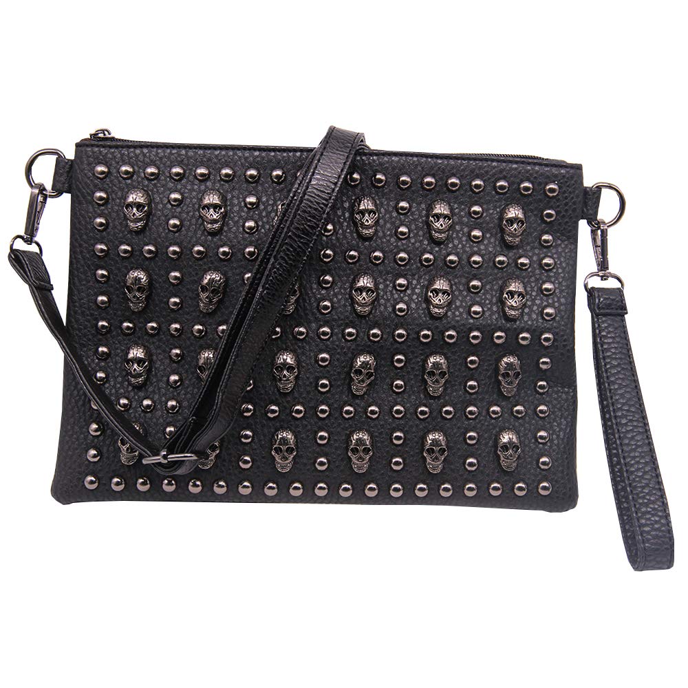 Chikencall® Women Classic Gothic Skull Rivet Clutch Purses Punk style Studded Shoulder Cross-Body Bag Black