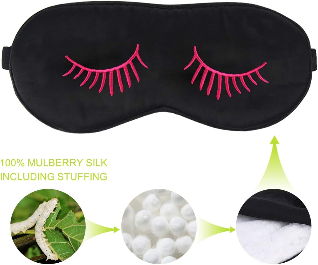 Fitglam Natural Silk Sleep Mask, Cute Sleeping Mask Eye Mask Eye Cover for Travel, Nap, and Meditation, Blindfold with Adjustable Strap for Men, Women, and Kids (Black with Rose Eyelashes): Health & Personal Care