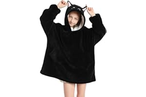 DESERTHOME Wearable Blanket Hoodie for Kids 4-12YR Animal Oversized Hooded Blanket Super Soft Comfortable Warm Flannel Black Cat