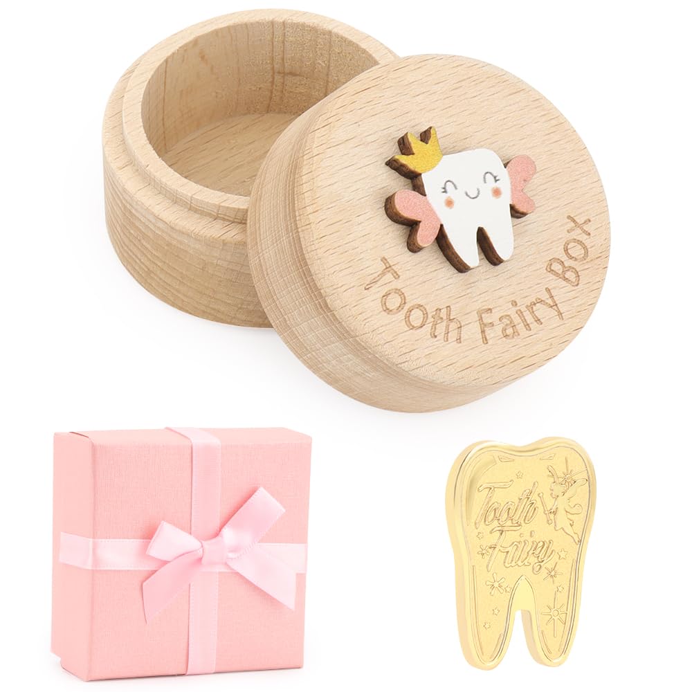 WALLFID Tooth Fairy Box for Lost Teeth For boys and girls, Wooden Tooth Box Cute 3D Tooth Storage Box Tooth Keepsake Box with Tooth Fairy Coin, Gift box