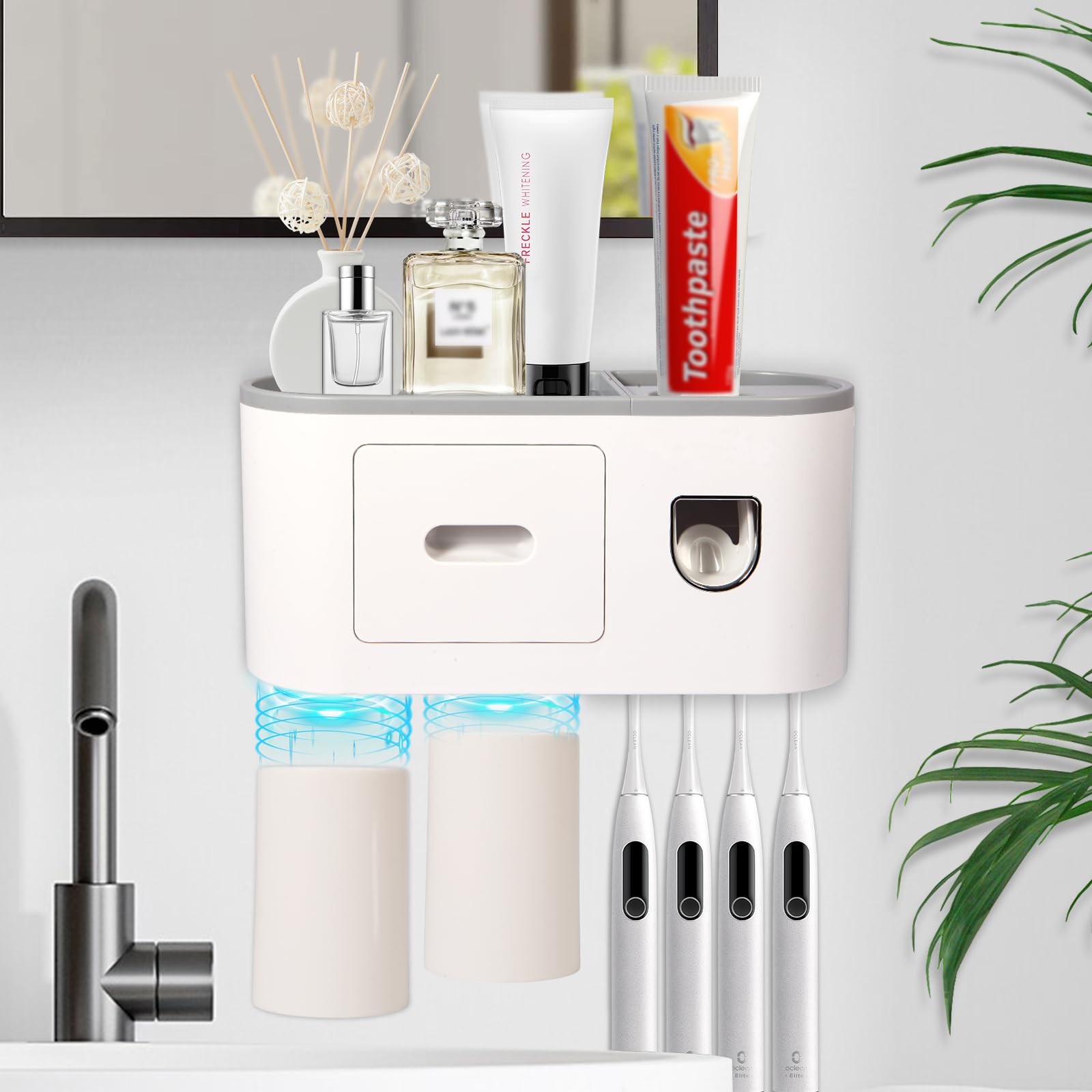 Ajex Toothbrush Holders Wall Mounted,Toothbrush Holder with Automatic Toothpaste Dispenser,Bathroom Accessory Storage Organiser with 4 Slots and 2 Magnetic Cups,Toothbrush Holders for Bathroom