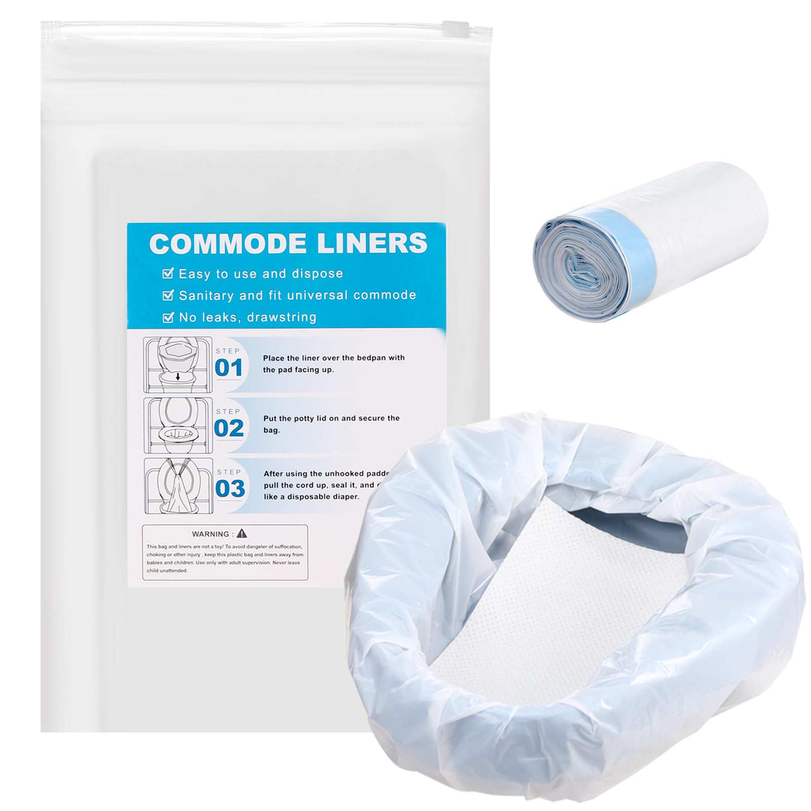 Commode Liners with Absorbent Pads Disposable Bedside Commode Liners and Pads for Commode Toilet Chair Bucket Bags (20 Bags + 20 Pads)