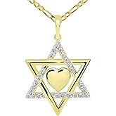 Jewelry America 14k Yellow Gold Hebrew Love CZ Star of David with Heart Pendant Figaro Necklace