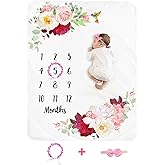 Baby Monthly Milestone Blanket Girl - Floral Newborn Month Blanket Personalized Shower Gift Soft Plush Fleece Photography Background Photo Prop Flower Rug with Wreath Headband Large 51''x40''