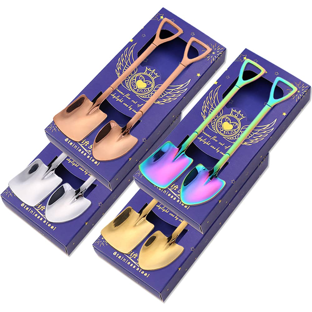 LELE LIFE 8Pcs Shovel Shape Stainless Steel Spoon with Exquisite Box, Gleaming Tea Coffee Sugar Cake Spoon, Dessert Ice Cream Spoon, Fruit Spoon Stirring Spoon Metal Yogurt Spoons, 4 Colors