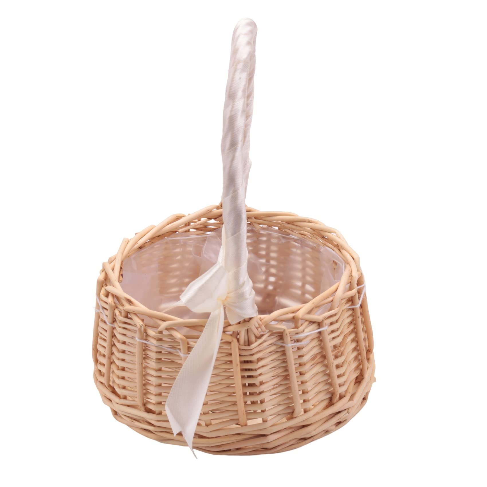 Ksrnsne Wicker Woven Flower Basket with Handle and White Ribbon Wedding Flower Girl Basket for Home Garden Decoration, Small