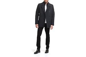 Kenneth Cole Men's Notched Lapel Wool Pea Coat Knit Bib, Charcoal, Large