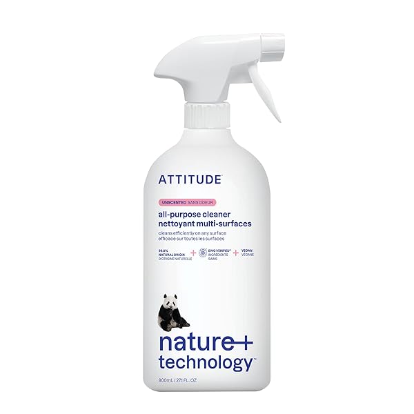 ATTITUDE ALL PURPOSE CLEANER SPRAY, EWG VERIFIED, VEGAN, MADE WITH 94% PLANT-BASED INGREDIENTS, STREAK-FREE FOR KITCHEN, BATHROOM, GLASS & MORE, UNSCENTED, 27.1 FL OZ