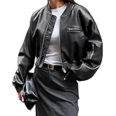 Cicy Bell Womens Faux Leather Bomber Jackets Baseball Collar Zip Up Cropped Biker Coat with Pockets