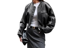 Cicy Bell Womens Faux Leather Bomber Jackets Baseball Collar Zip Up Cropped Biker Coat with Pockets