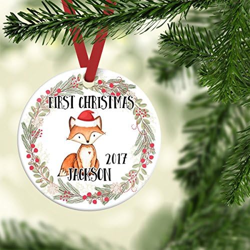 Baby's First Christmas Ornament, Boy Christmas Ornament, Personalized Children's Ornament,Custom Porcelain Ornament, 3" Flat Circle Christmas Ornament with Glossy Finish,Ribbon & Free Gift Box