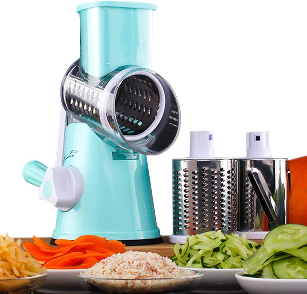 VOSHI Manual Vegetable Cheese Cutter Drum Grater Mandoline Chopper Shredder Grinder Kitchen Spiral Slicer Vegetable Fruit Spiralizer with 3 Cylinders Stainless Steel Brades