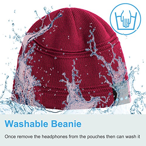 Qshell Winter Bluetooth Beanie Hat Cap with Stereo Speaker Headphones, Microphone, Hands Free and Rechargeable Battery - Compatible with Mobile Phones, iPhone, iPad, Tablets, Android Smartphones - Red - Thumbnail 2