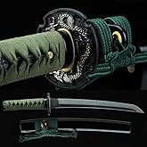 BAYCANTO Tanto Sword Handmade Full Tang Clay Tempered 1095 T10 High Carbon Steel Short Japanese Katana Real Hamon Samurai Kendo Dull Treasure Wakizashi Red Black Blue Green Sword (Brown) (Green)
