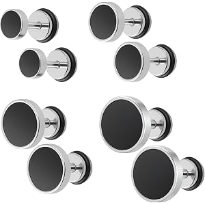 4 Pairs Multisize Stud Earrings for Men 6mm 8mm 10mm 12mm, Stainless Steel Black and Silver Screw Back Earrings Set, Flat Bac