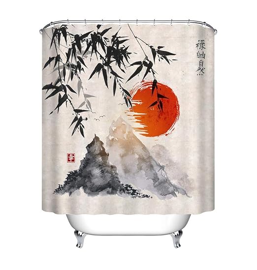 LB Japanische Tinte Duschvorhang Bambus Bäume Sonne und Berge Badezimmer Vorhänge Anti-Schimmel Polyester Fabrik Wasserdichte