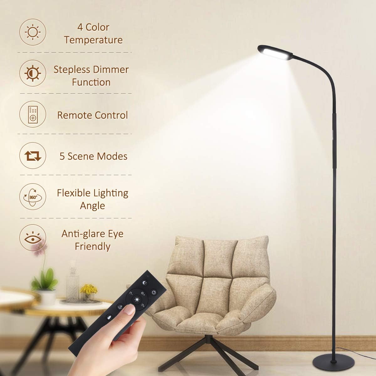 Lampadaire LED Tomshine 126 LEDs – 4 Températures Couleur, 5 Modes Scène, Télécommande & Tactile – Col Flexible 360°