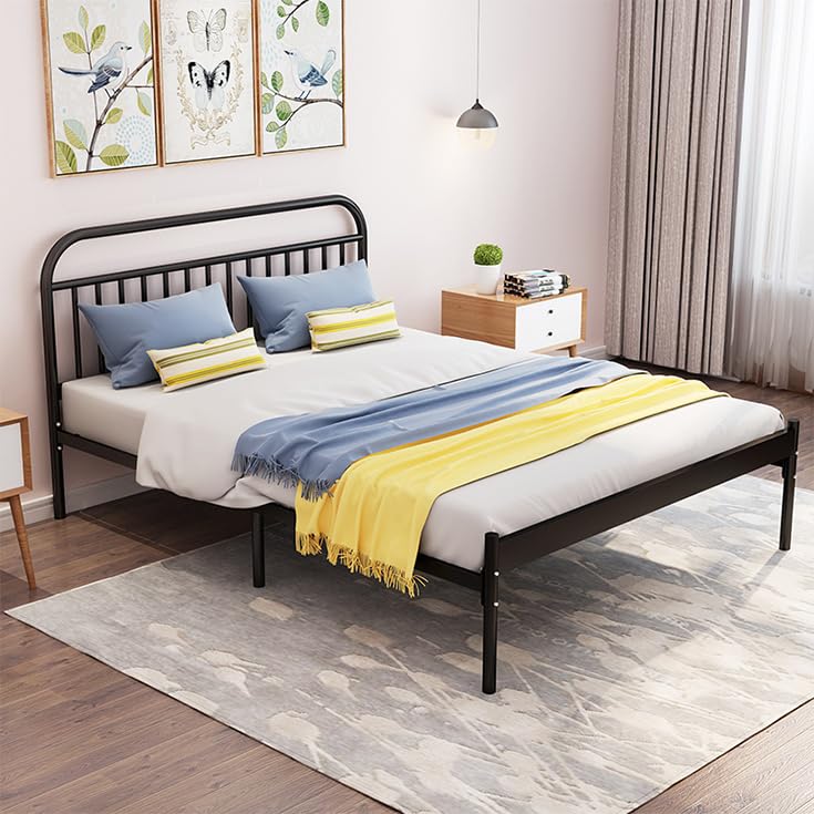 SKY-TOUCH Classic Metal Platform Single Bed Frame - Iron Art Headboard & Footboard, Under Bed Storage, Heavy Duty Iron Metal Platform Bed Frame, Black - 1.5m x 1.9m