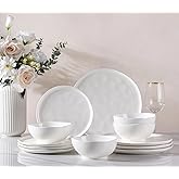 GBHOME Ceramic Dinnerware Sets for 4, 12 Pieces Porcelain Lightweight Plates and Bowls Sets, Scratch Resistant Dish Set, Oven & Microwave & Dishwasher Safe, Angel White