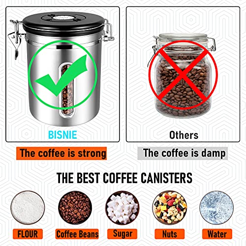 Kaffeedosen Luftdicht 1800ML Kaffeebohnen behälter mit transparentem Fenster, Vorratsdosen aus Edelstahl mit Datums-Tracker, 30ML Messschaufel und CO₂-Ventil für Kaffee Kaffeebohne Pulver, Zucker, Tee