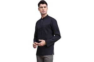 SKAVIJ Men’s Cotton Kurta Shirt – Long Sleeve Henley Tunic with Mandarin Collar Chest Pocket – Casual Ethnic Wear Top