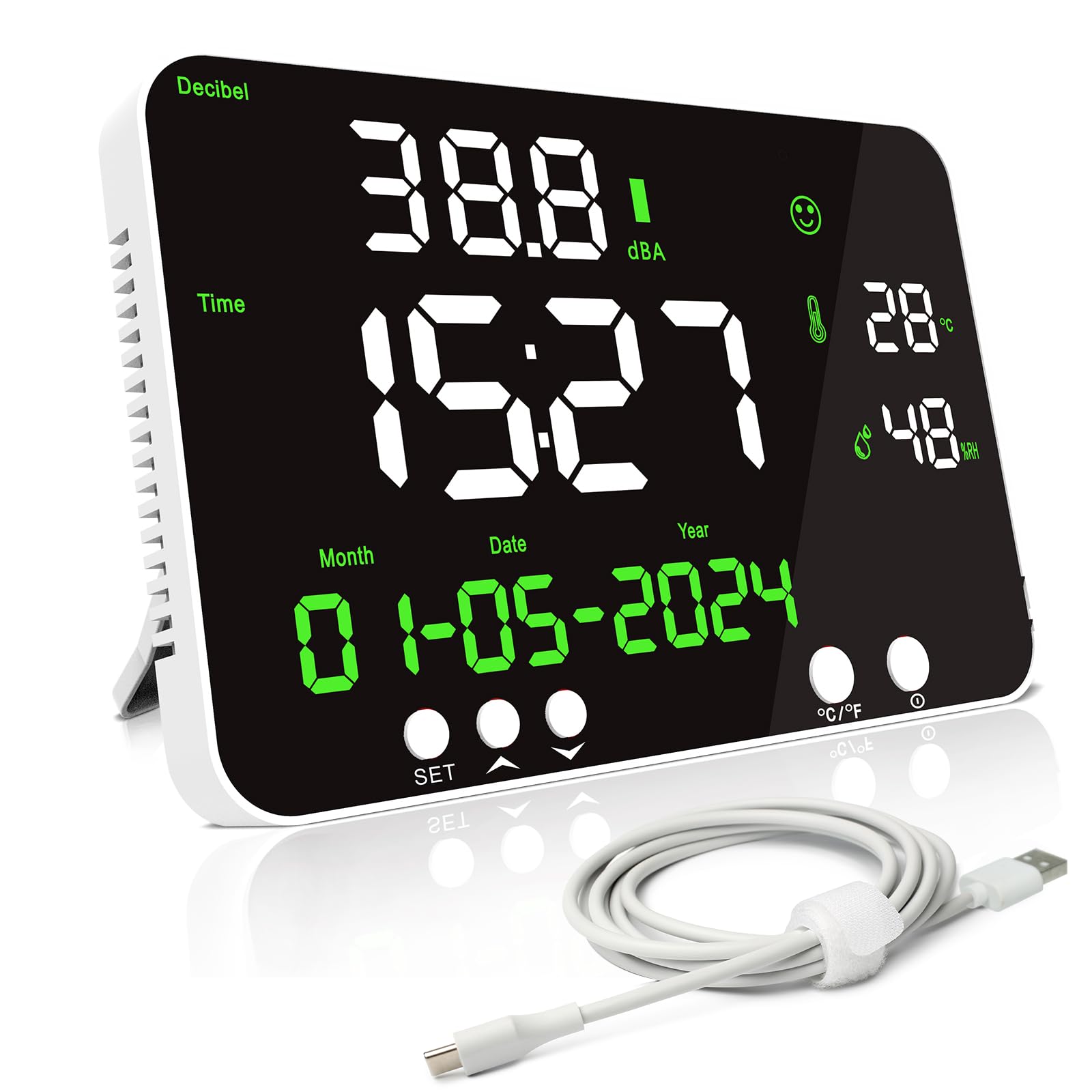 Sound Level Meter 30-130dB Decibel Meter with Alarm, Noise/Temperature/Hygrometer/Time/Calendar with 11inch LED, Wall Hanging Sound Level Meter 11inch for Classroom, Office, Factory