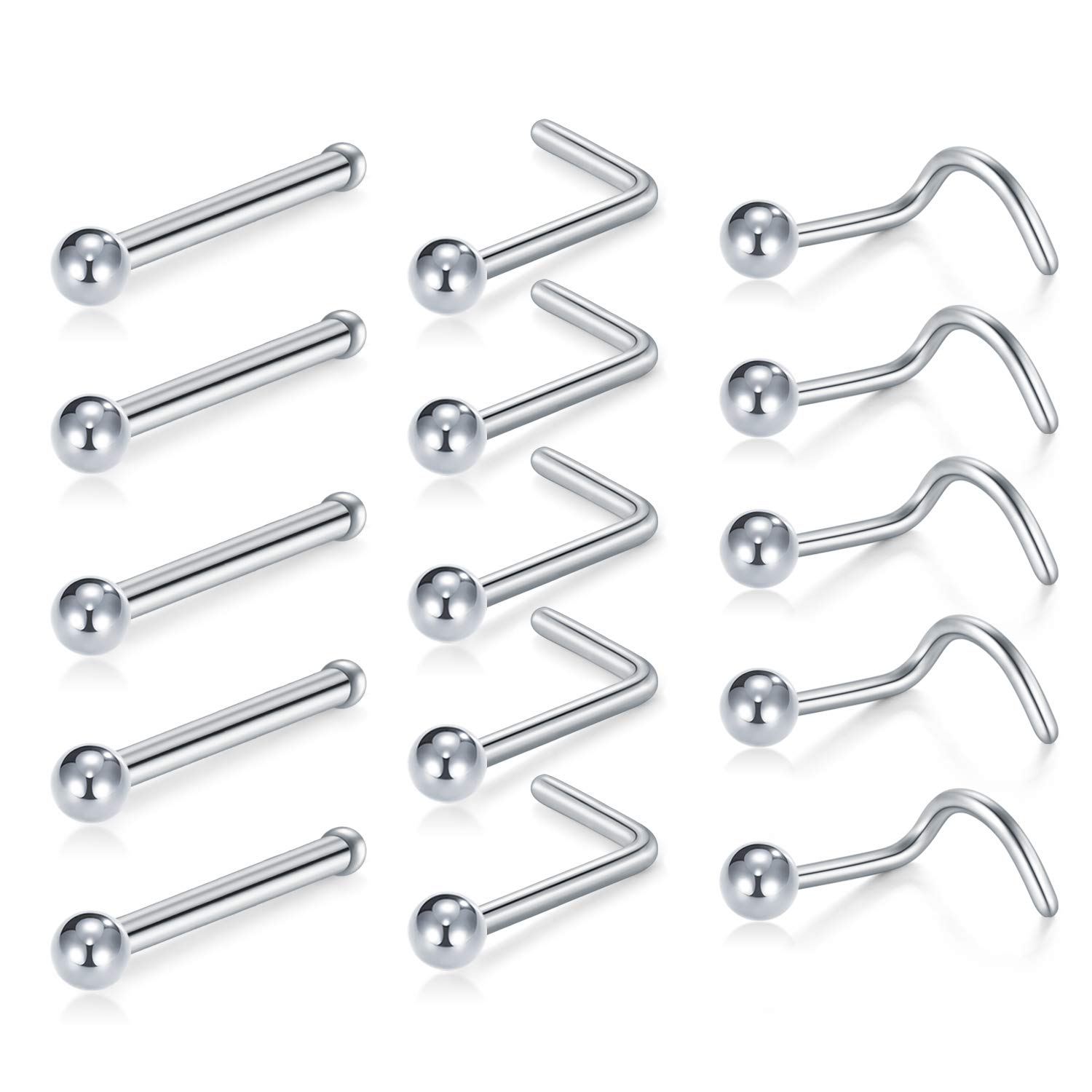 Crdifu 15pcs Stainless Steel Nose Screw Stud Nose Bone L Shape 18G / 20 Gauge Silver with Ball End Flat Back Nostril Piercing Jewellery