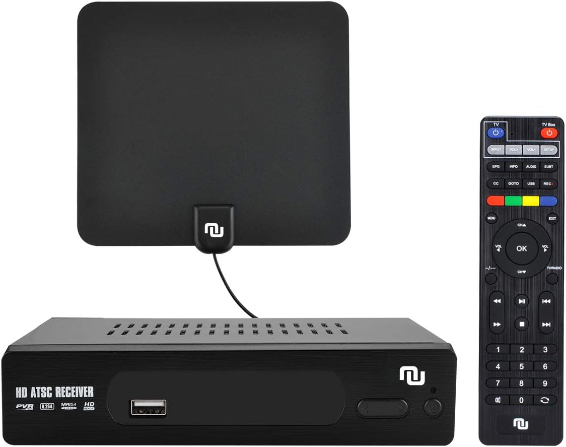 ATSC HD Digital TV Converter Box w/ 1080p HDMI Output, 50 Miles Over The Air(OTA) Flat Antenna & Amplifier, Daily/Weekly Scheduled PVR Recorder w. TV Control Learning Buttons (2019 Version) (Black)