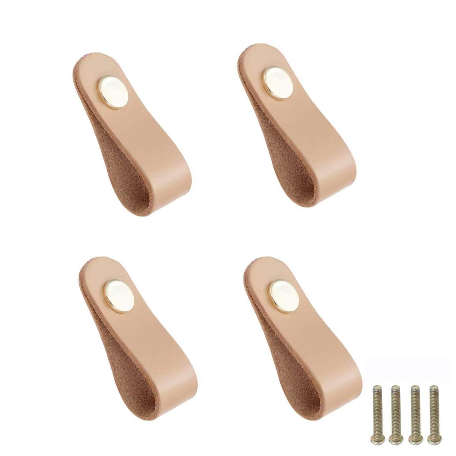 Dulau 4 Pieces Leather Handles, Wardrobe Cabinet Door Handle Soft PU Leather Door Handles, Drawer Pulls Kitchen Pulls Knobs with 22mm Screws, for Cupboard Furniture Hardware, Single Hole-Beige