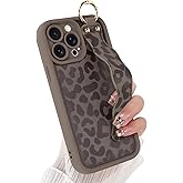 Jefonha Compatible with iPhone 14 Pro Max Case with Finger Hand Strap for Girls Women, Cute Leopard Cheeath Phone Case with Wristband Kickstand, Durable Silicone Protective Cover, Brown Leopard