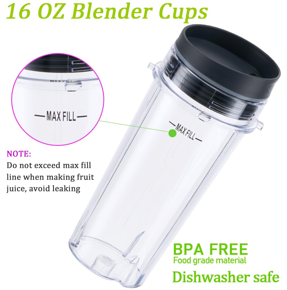 Replacement16oz Blender Cup for Ninja,Single Serve Blender Cup With Lids Set For BL770 BL780 BL660 BL740 BL810 Nutri Ninja Series Blenders (2-pack)