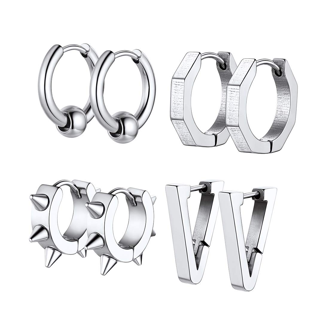 GoldChic Mens Silver Huggie Earrings Stainless Steel Small Beads Spike Triangle Octagon Hoop Hip-Hop Punk Rap Pierced Hypoallergenic Earrings Men's Jewellery Gift 4 Piece Set