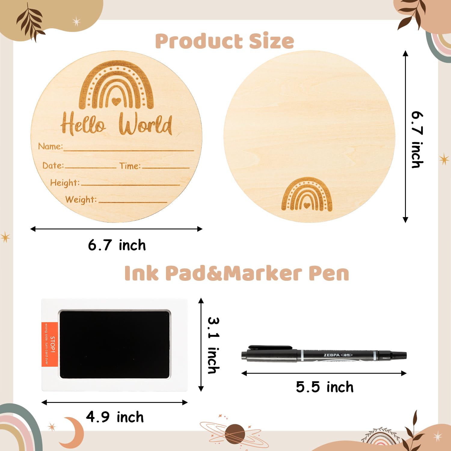 R HORSE Baby Birth Announcement Sign with Marker Pen, Boho Rainbow Baby Name Sign with Ink Pad for Hand and Footprints, Wooden Hello World Newborn Announcement Nursery Decor Keepsake Gifts