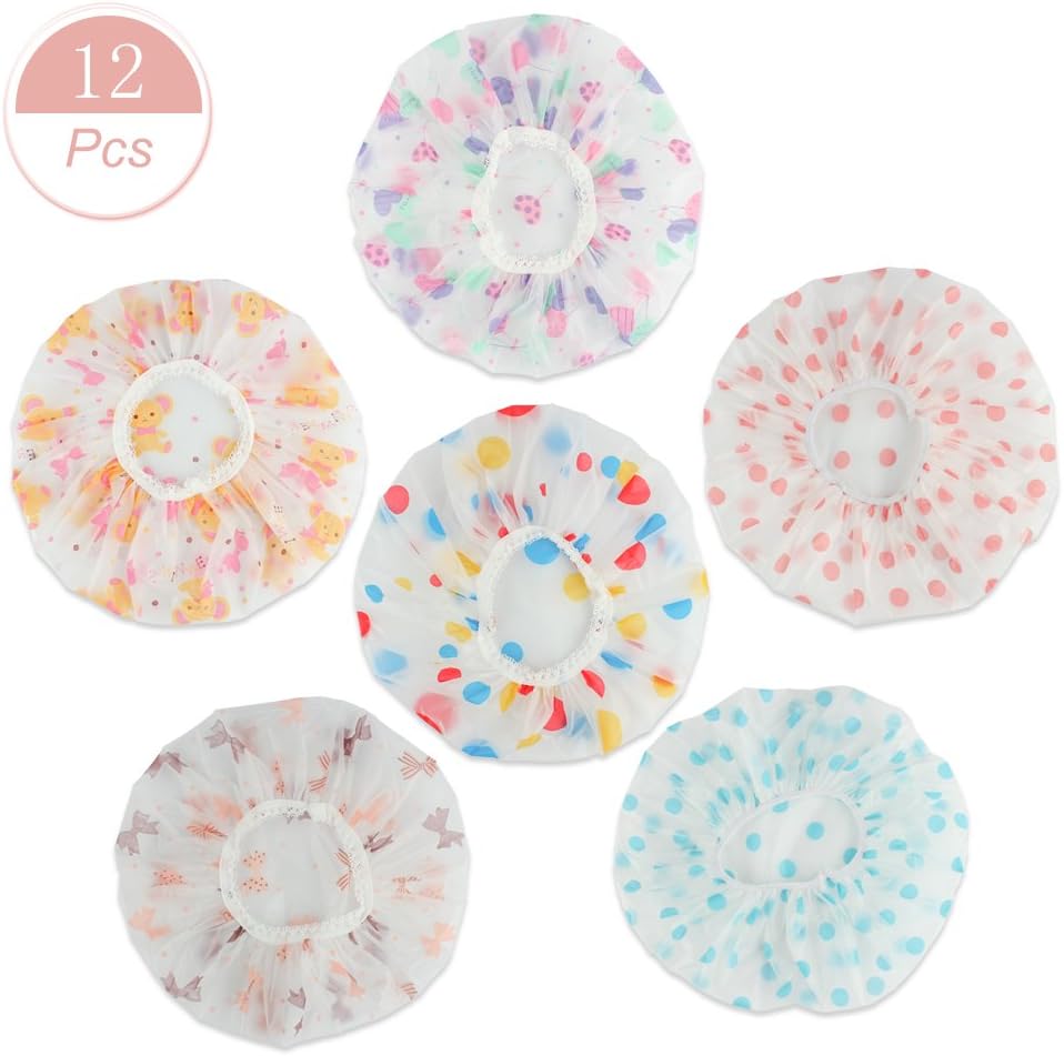 Dragang Shower Caps Elastic Waterproof Women Bath Cap Plastic Bathing Hair Cap Lady Salon Hat (Pack of 12)